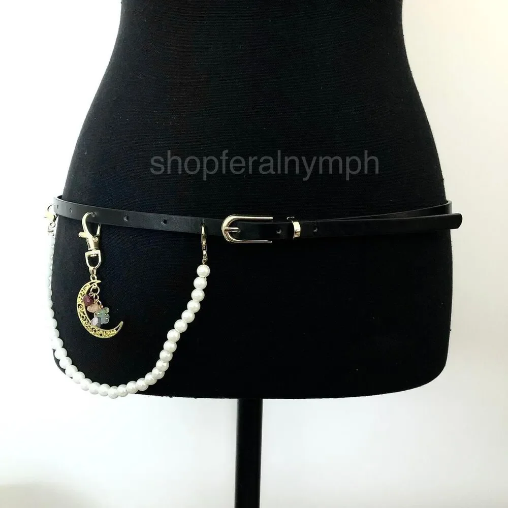Y2K Celestial Black Faux Leather Pearl Moon Belt, Fits 33–35 Inches, X7GA1232